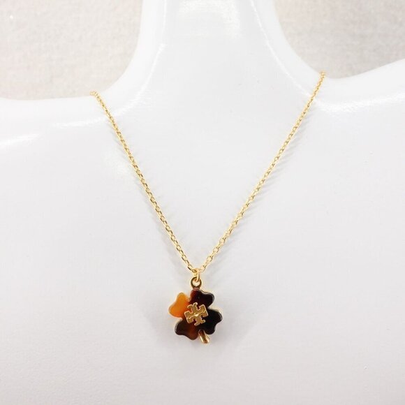 Tory Burch Resin Clover Necklace Tortoise Brown OS - Picture 11 of 12